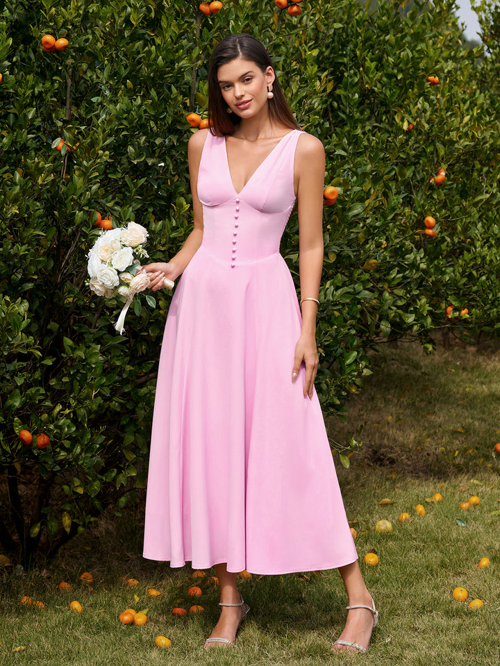Ruched Embellished Deep V-Neck Button Maxi Dress#color_pink