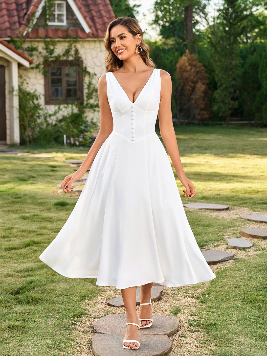 V-Neck Deep Ruched Embellished Button Maxi Dress#color_white