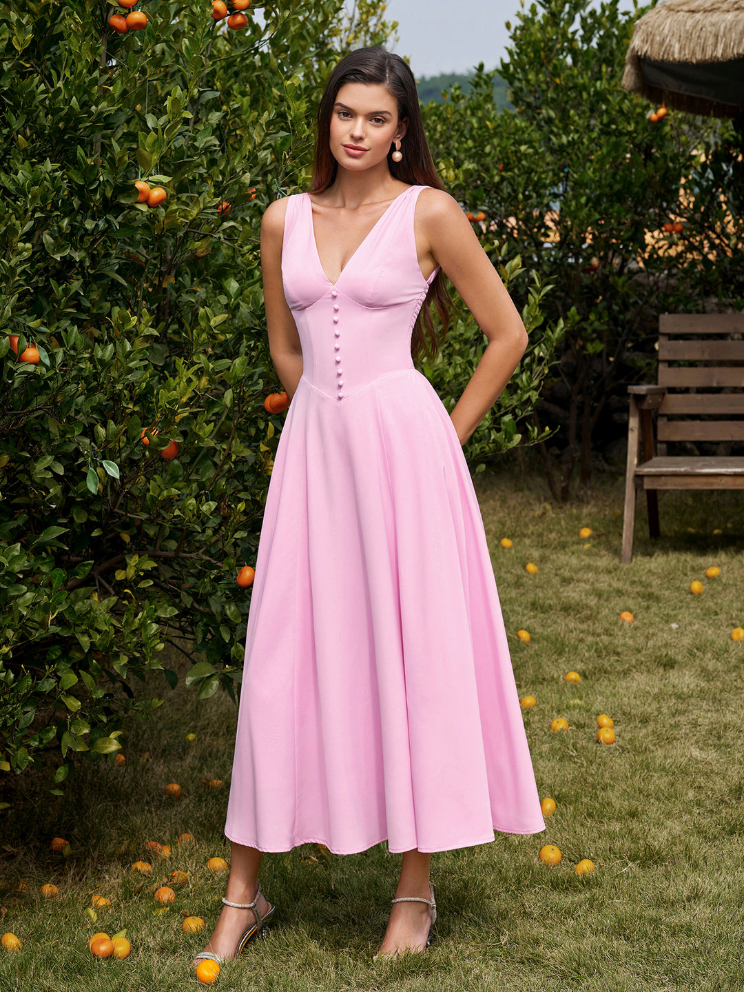 Ruched Deep V-Neck Embellished Button Maxi Dress#color_pink