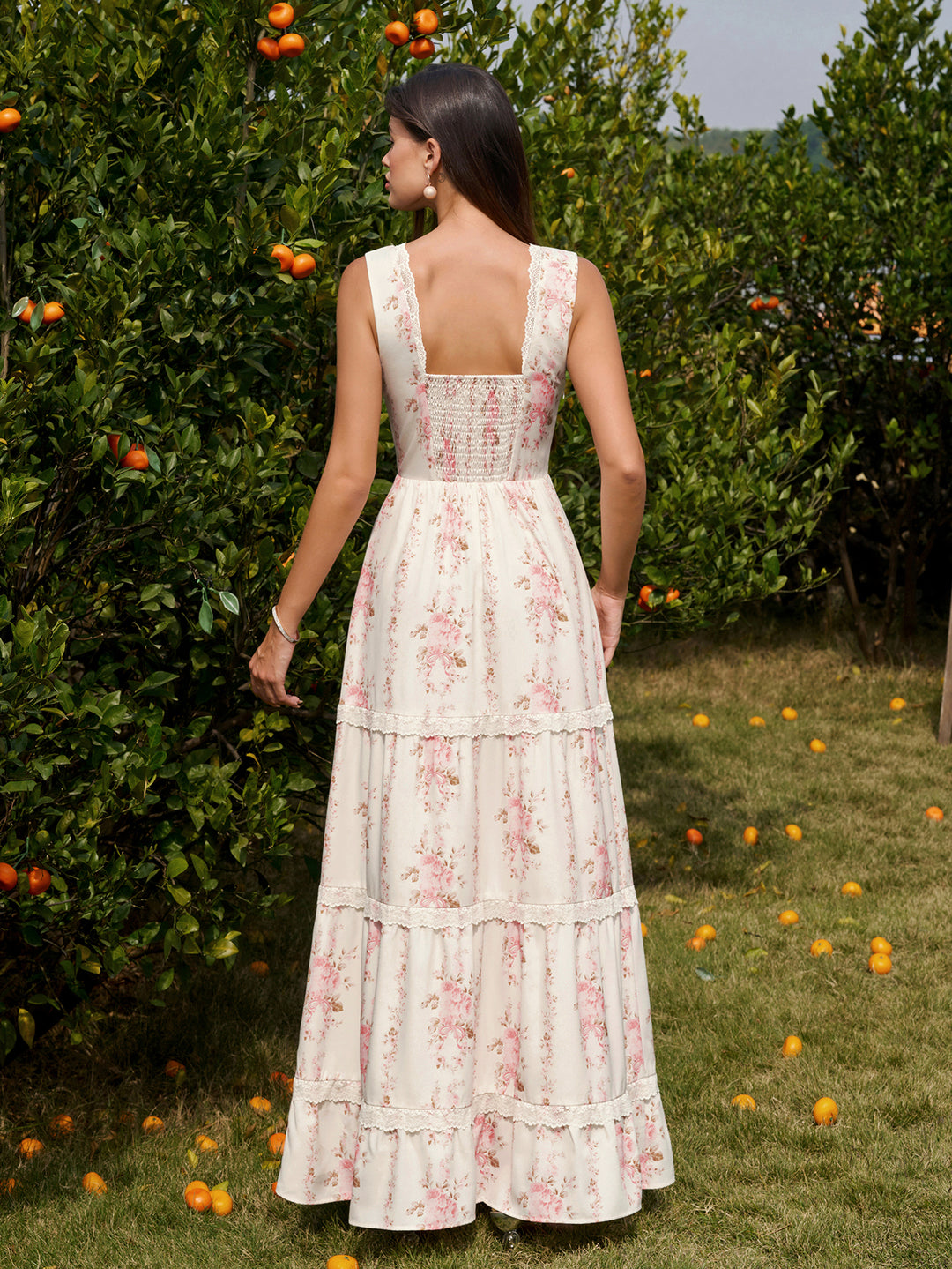 Deep V-Neck Lace Ruched Trim Floral Print Dress#color_pinkfloral