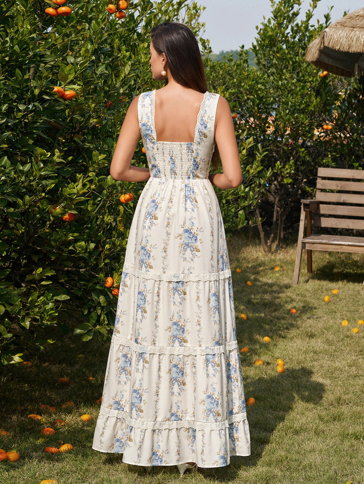 Deep V-Neck Lace Ruched Trim Floral Print Dress#color_bluefloral