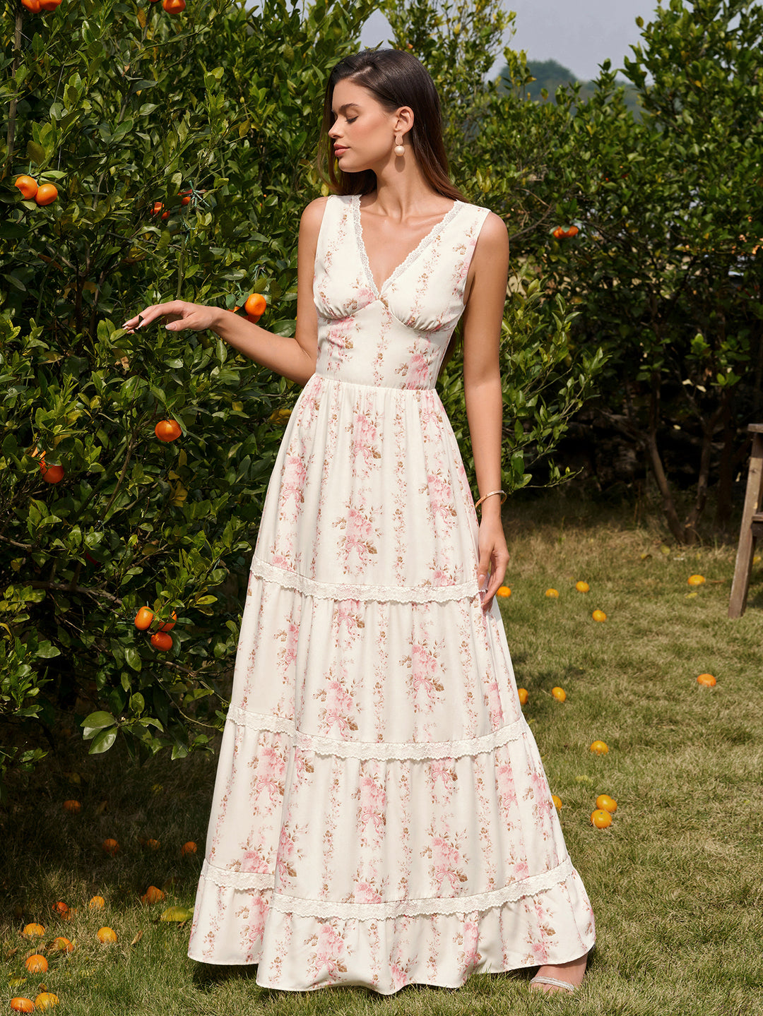 Lace Deep V-Neck Trim Ruched Floral Print Dress#color_pinkfloral