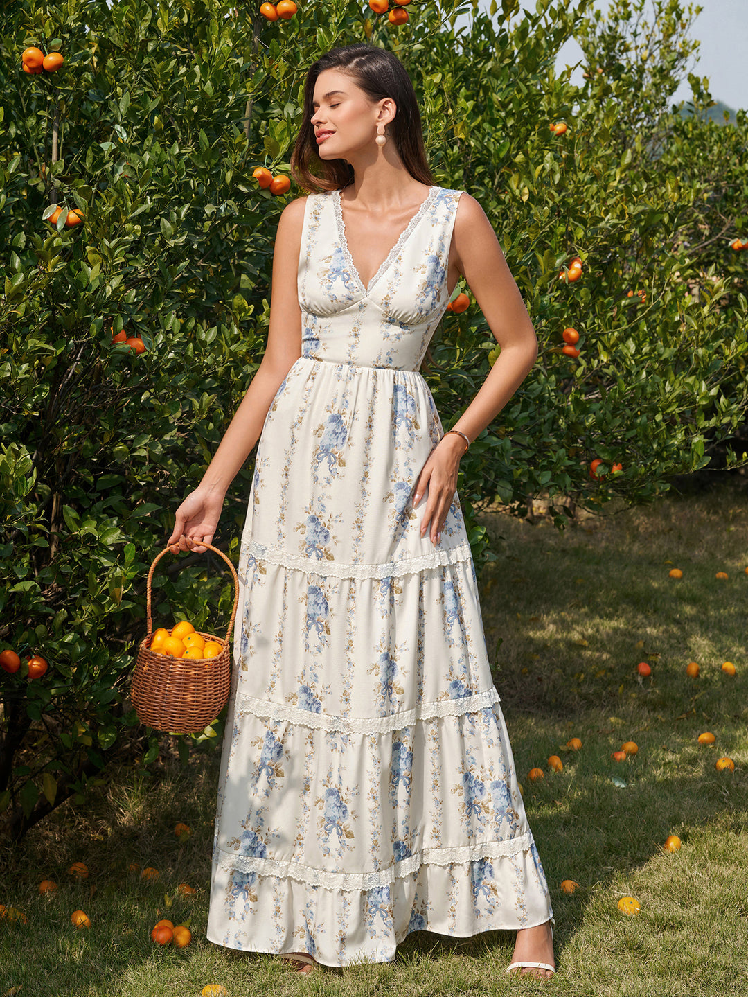 Lace Deep V-Neck Trim Ruched Floral Print Dress#color_bluefloral