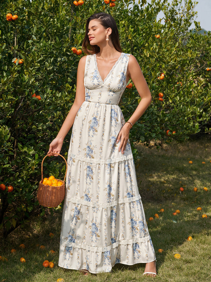 Lace Deep V-Neck Trim Ruched Floral Print Dress#color_bluefloral