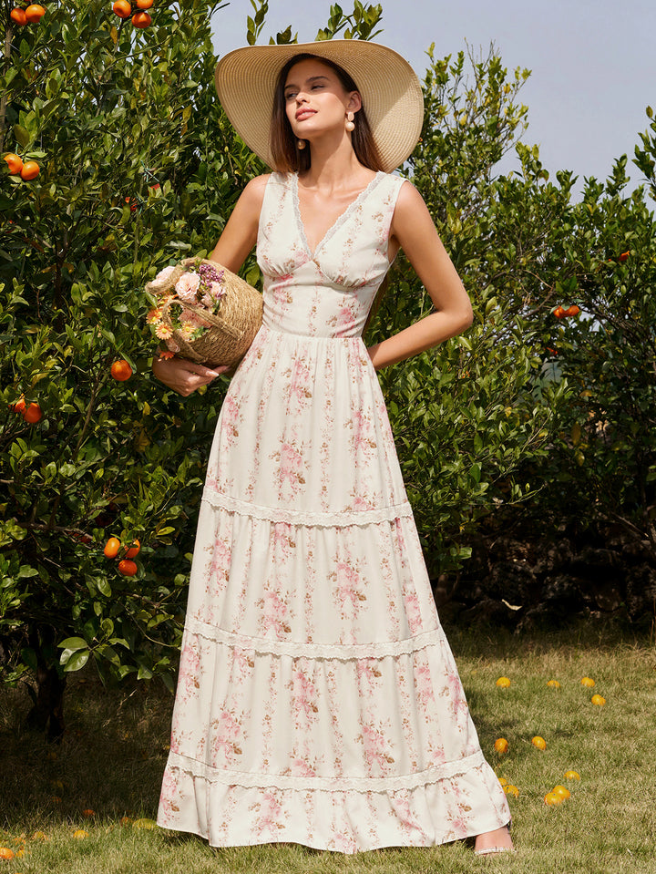 Lace Deep V-Neck Ruched Trim Floral Print Dress#color_pinkfloral