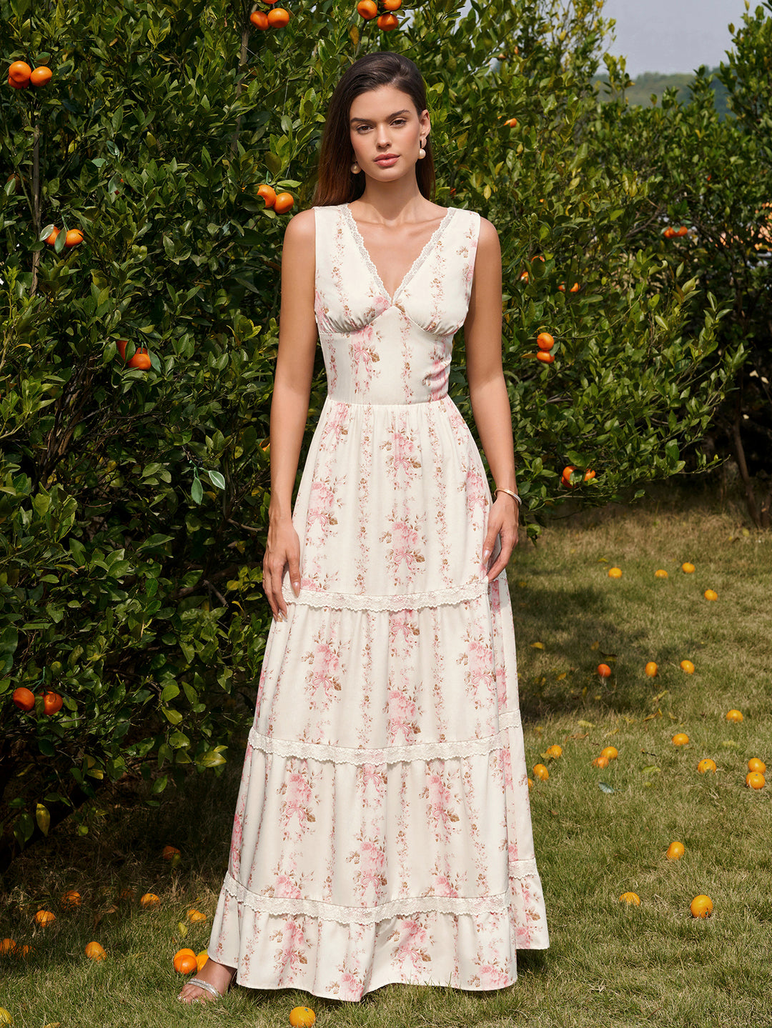 Deep V-Neck Ruched Lace Trim Floral Print Dress#color_pinkfloral