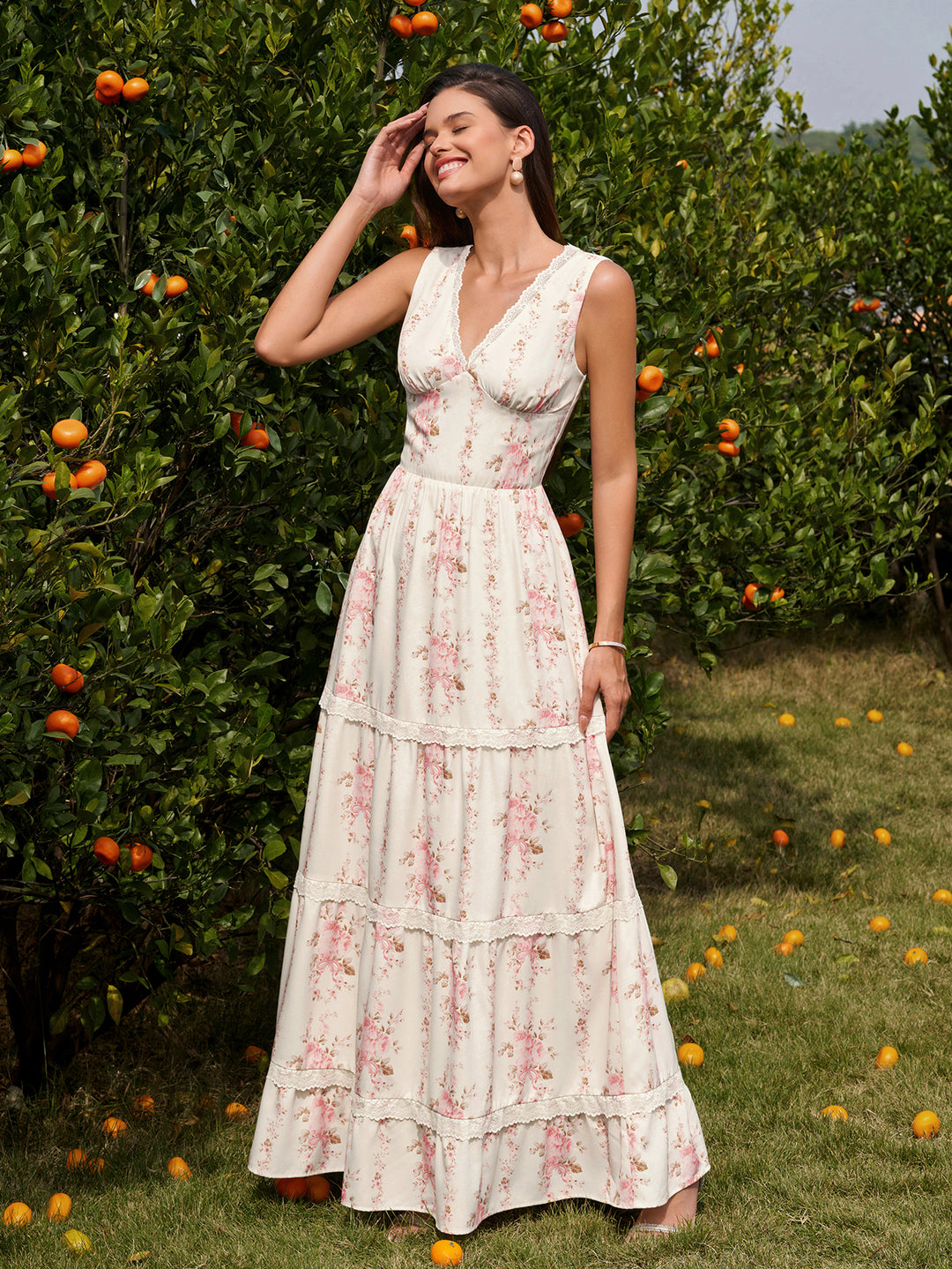 Ruched Deep V-Neck Lace Trim Floral Print Dress#color_pinkfloral