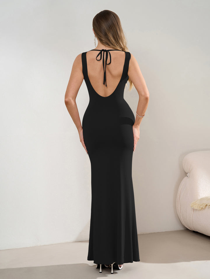 Deep V-Neck Tie Backless Ruched Waist Bodycon Dress#color_black