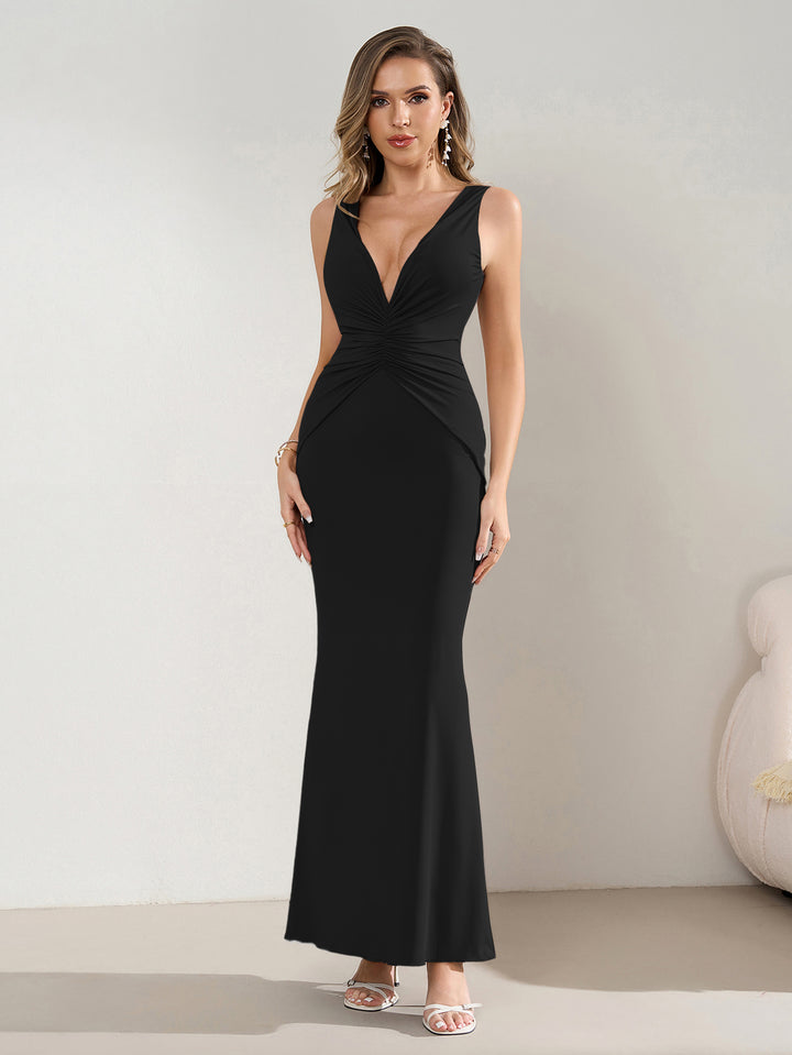 Tie Backless Ruched Waist Deep V-Neck Bodycon Dress#color_black