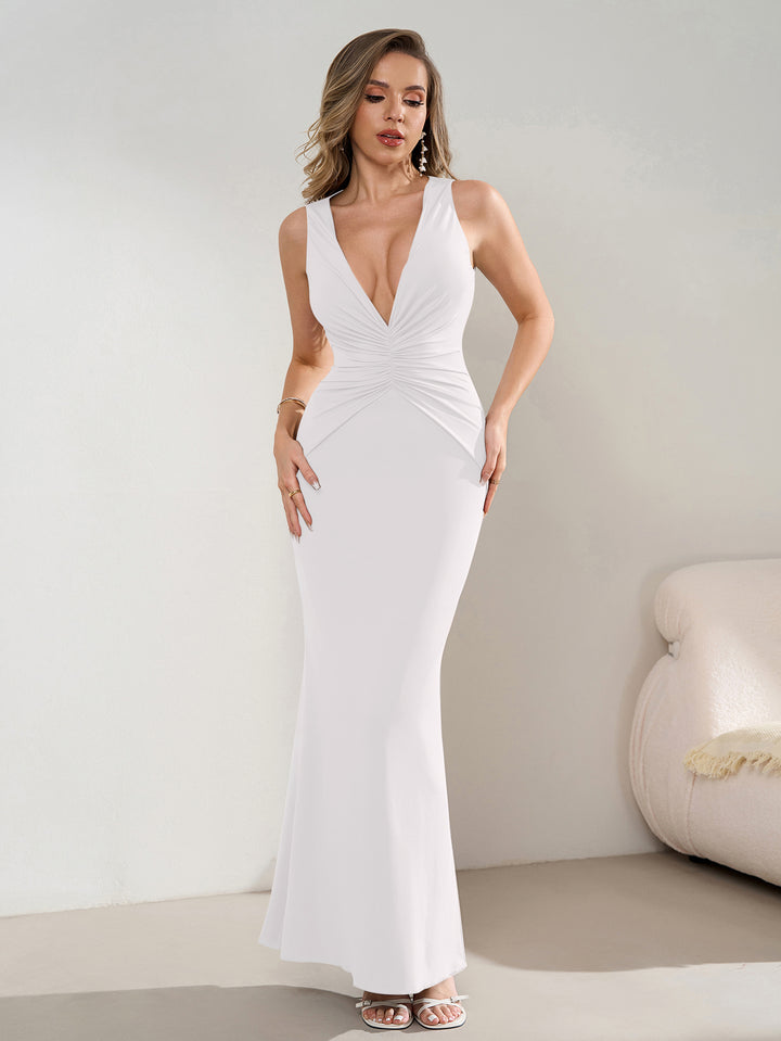 Tie Backless Ruched Waist Deep V-Neck Bodycon Dress#color_white