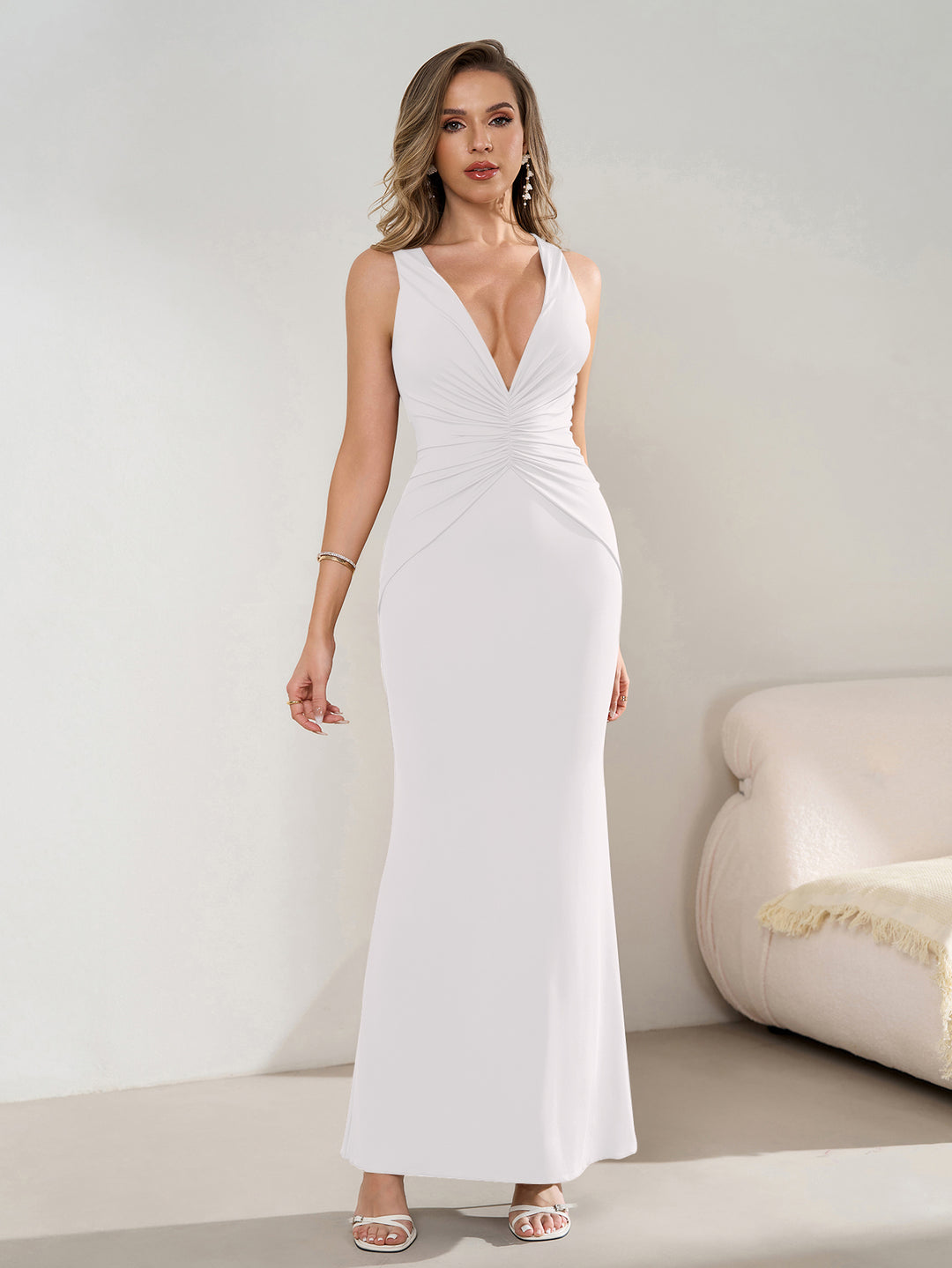 Deep V-Neck Ruched Waist Tie Backless Bodycon Dress#color_white