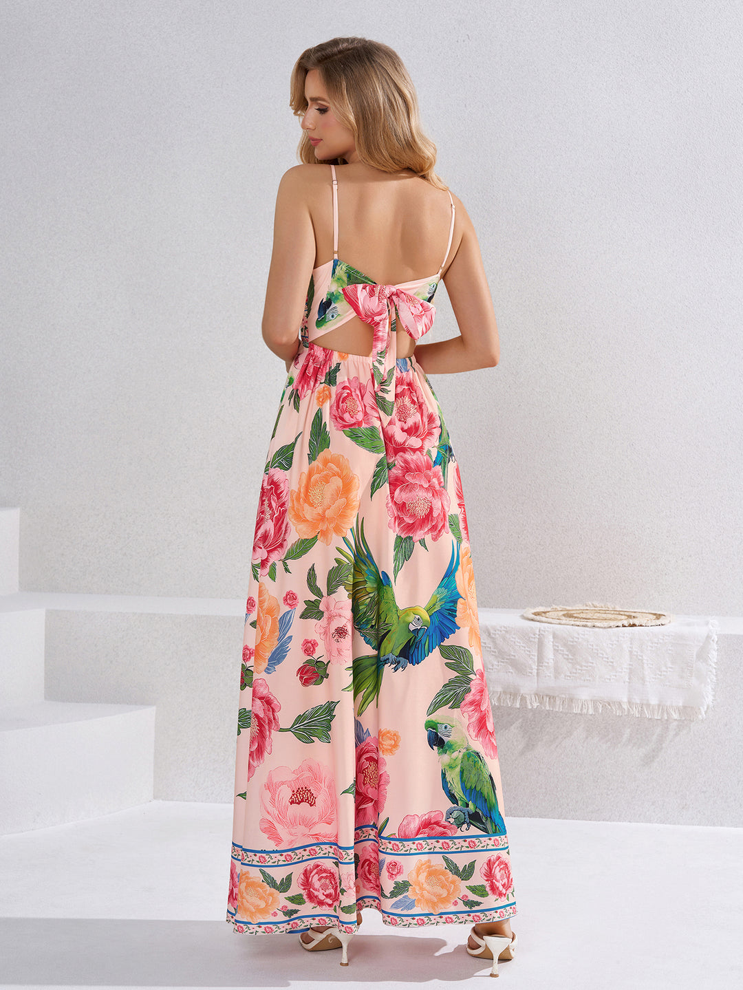 Deep V-Neck Floral Print Tie Back Cami Dress