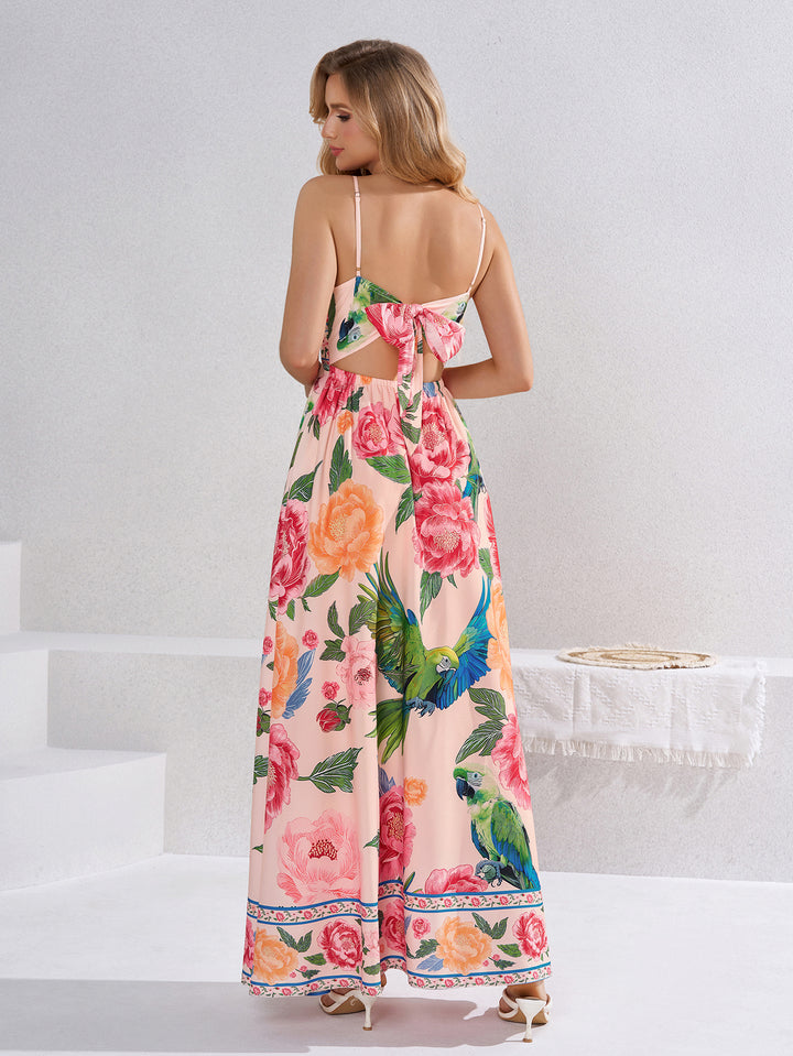 Deep V-Neck Floral Print Tie Back Cami Dress