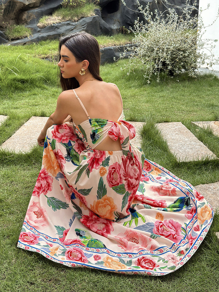 Deep V-Neck Floral Print Tie Back Cami Dress