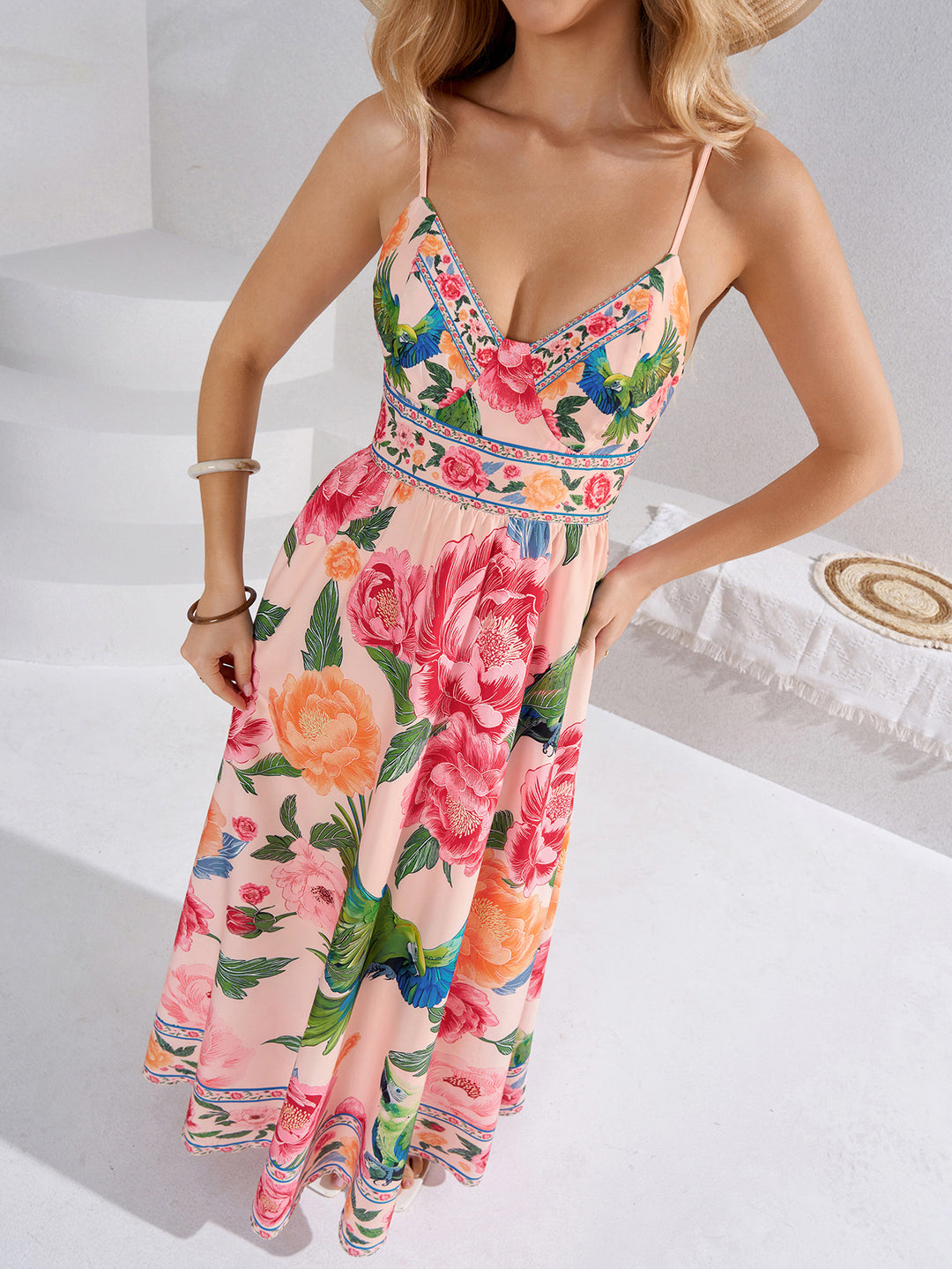 Floral Print Tie Back Deep V-Neck Cami Dress