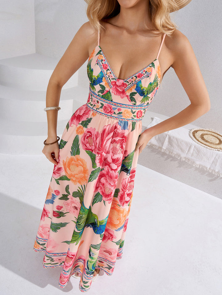 Floral Print Tie Back Deep V-Neck Cami Dress