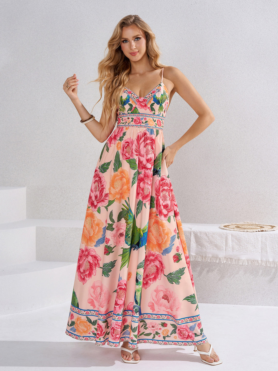 Deep V-Neck Tie Back Floral Print Cami Dress