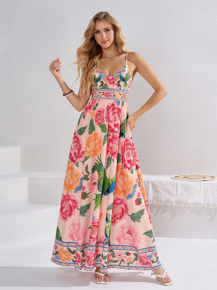 Deep V-Neck Tie Back Floral Print Cami Dress
