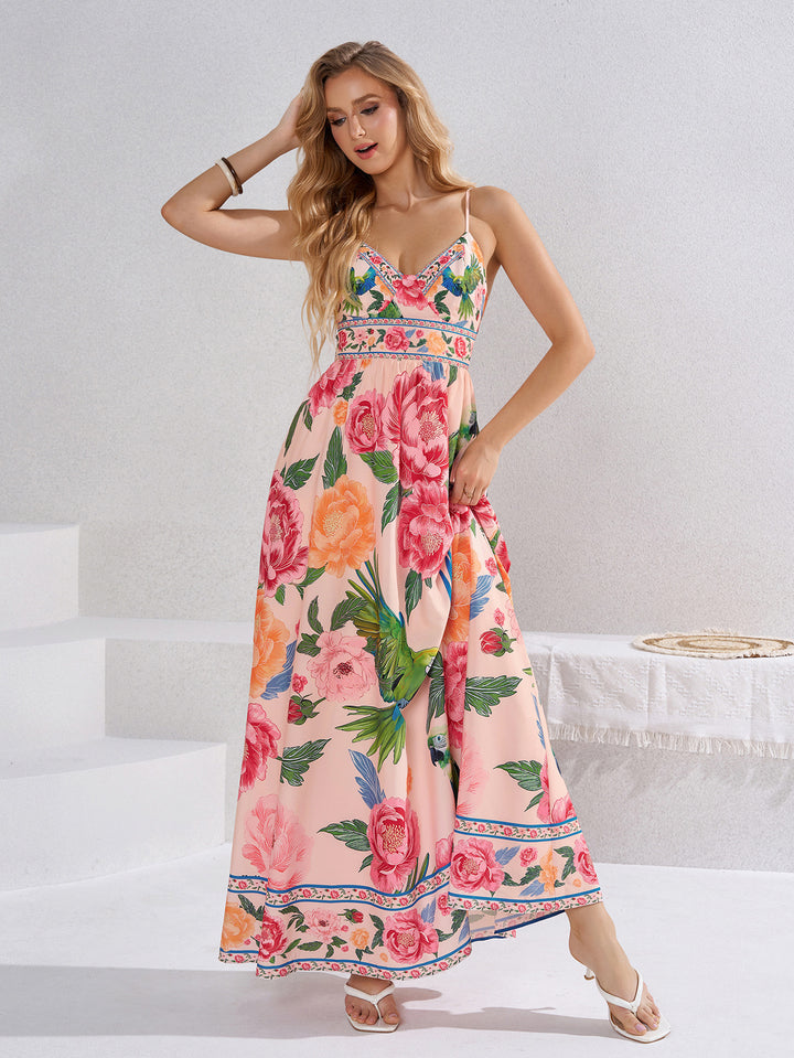 Tie Back Floral Print Deep V-Neck Cami Dress