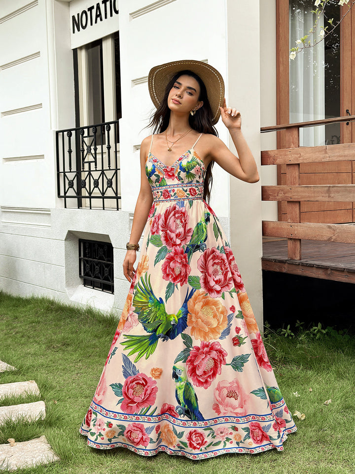 Tie Back Floral Print Deep V-Neck Cami Dress