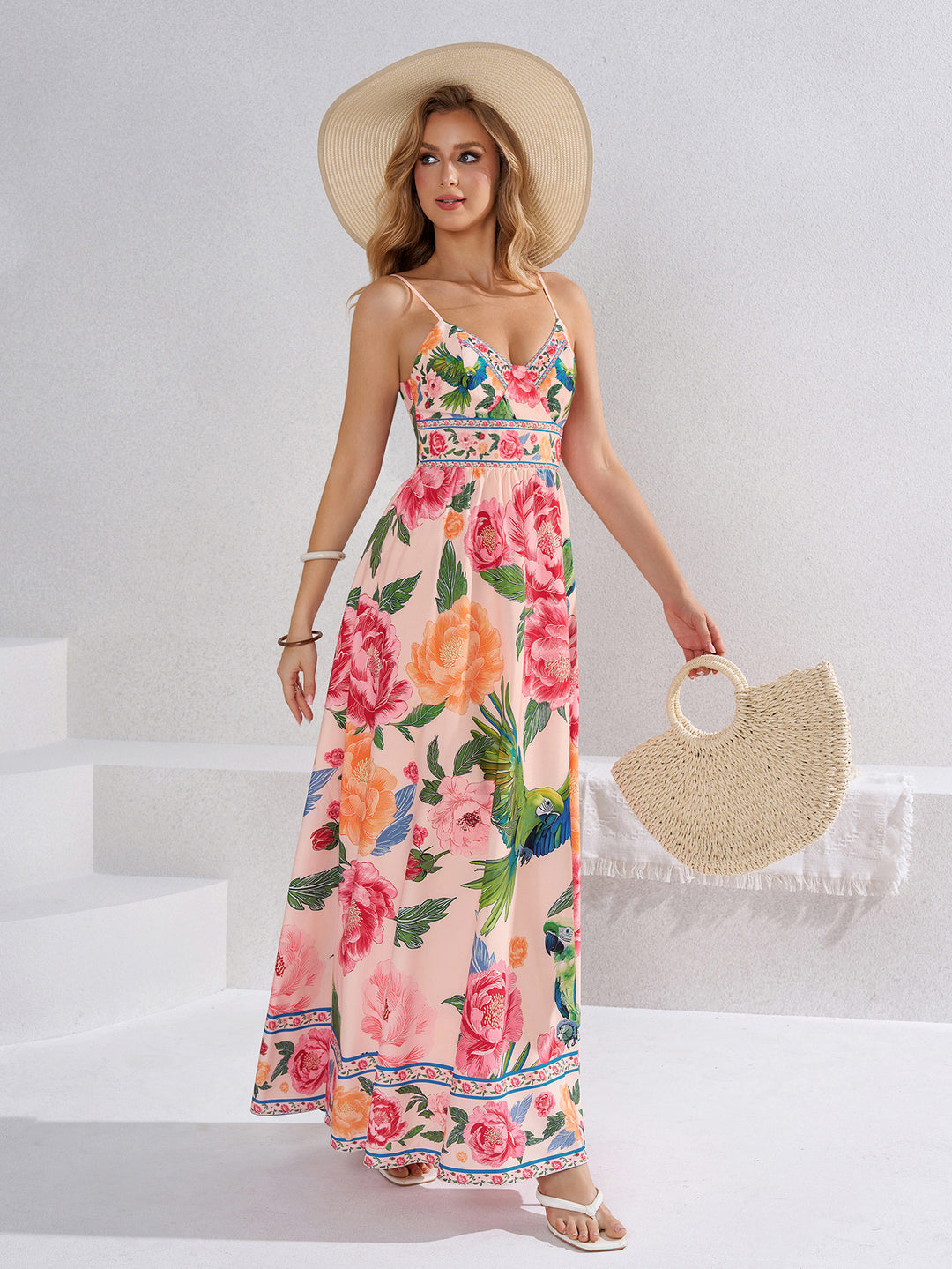 Tie Back Deep V-Neck Floral Print Cami Dress