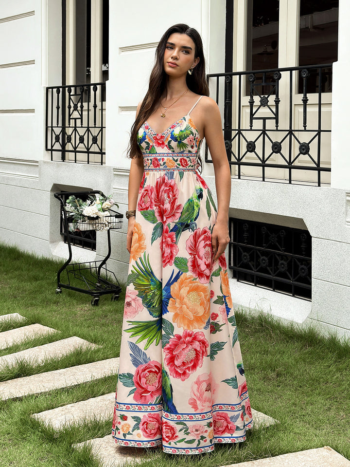 Tie Back Deep V-Neck Floral Print Cami Dress