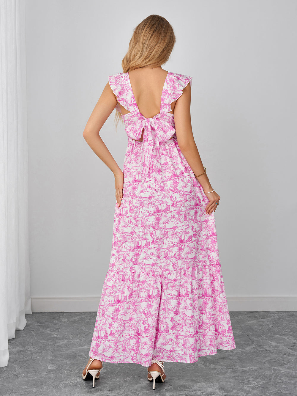 Deep V-Neck Flounce Trim Tie Back Floral Print Dress#color_pinkfloral