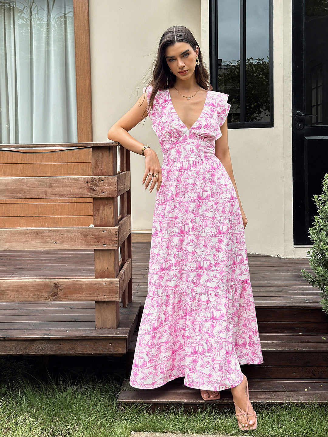 Flounce Trim Tie Back Deep V-Neck Floral Print Dress