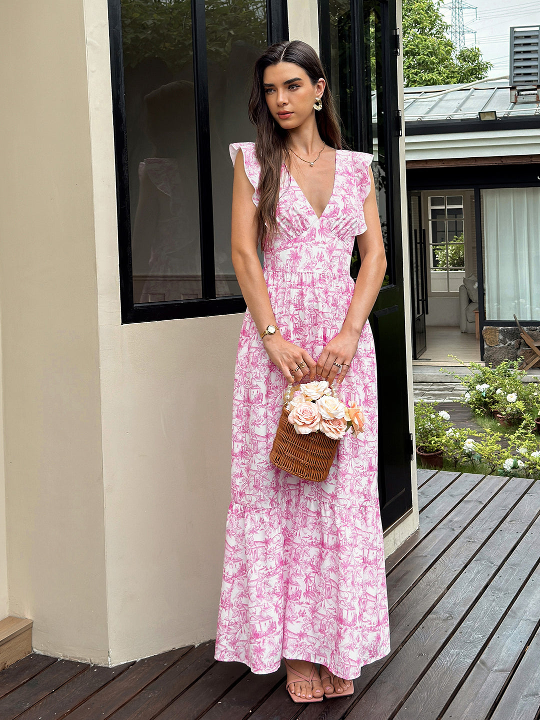 Flounce Trim Deep V-Neck Tie Back Floral Print Dress