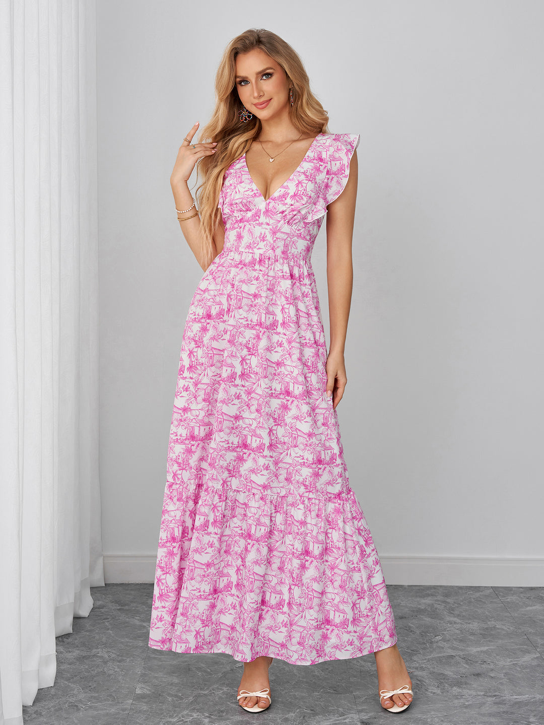 Deep V-Neck Tie Back Flounce Trim Floral Print Dress