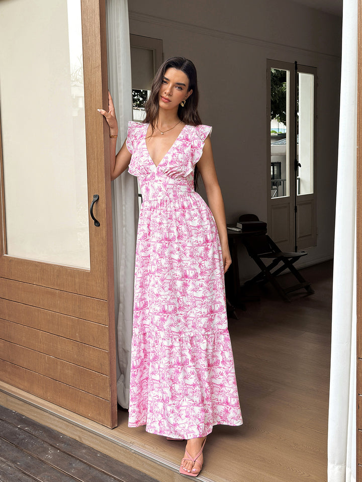 Deep V-Neck Tie Back Flounce Trim Floral Print Dress