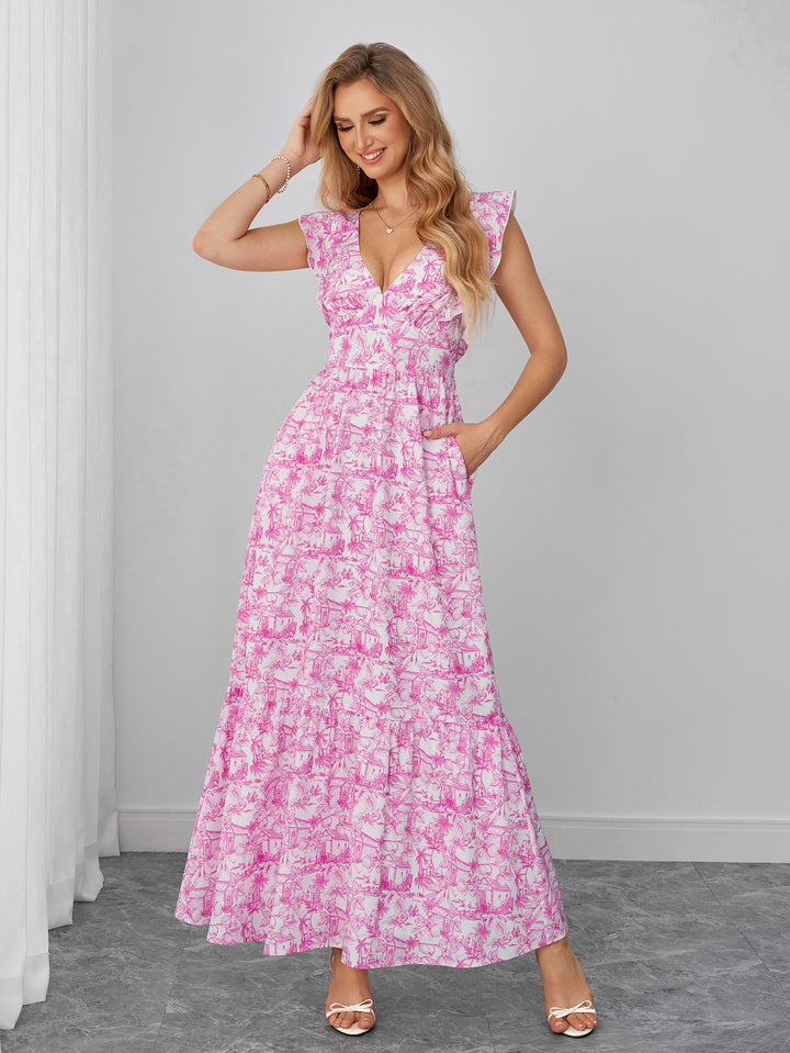 Tie Back Deep V-Neck Flounce Trim Floral Print Dress