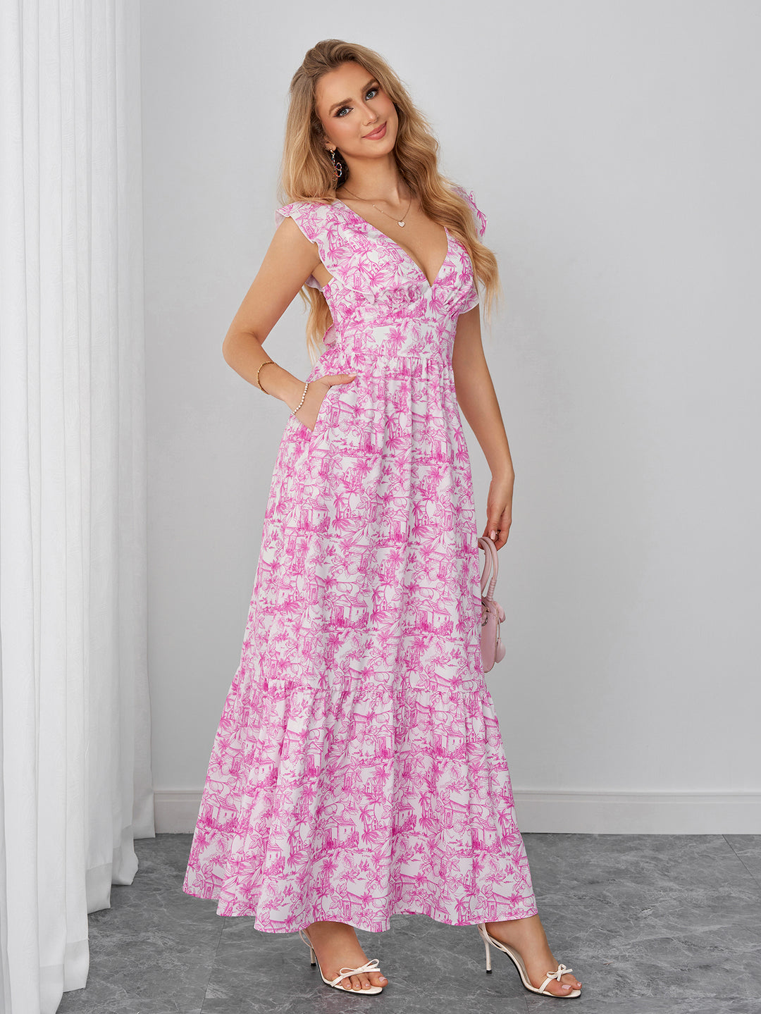 Tie Back Flounce Trim Deep V-Neck Floral Print Dress