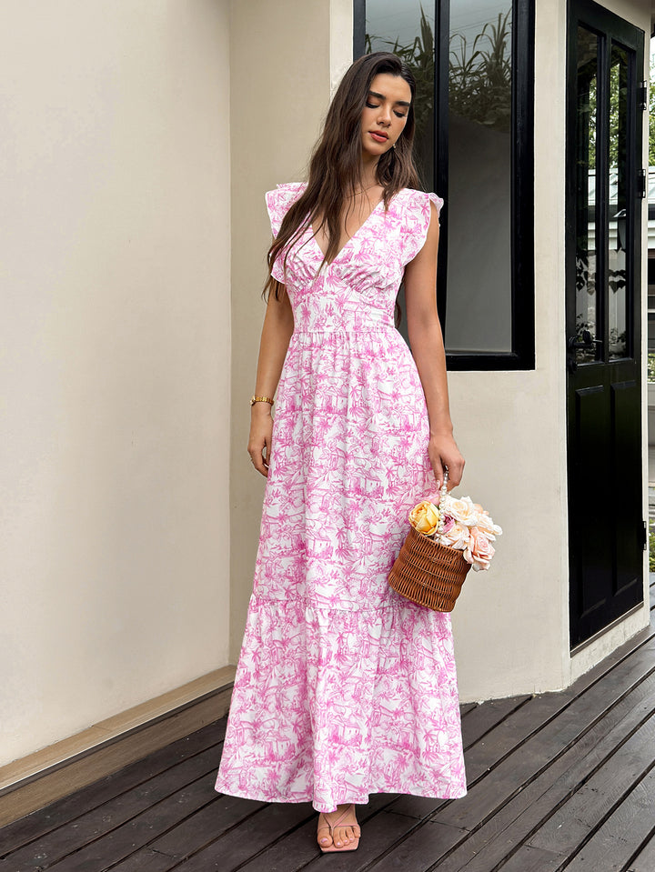 Tie Back Flounce Trim Deep V-Neck Floral Print Dress