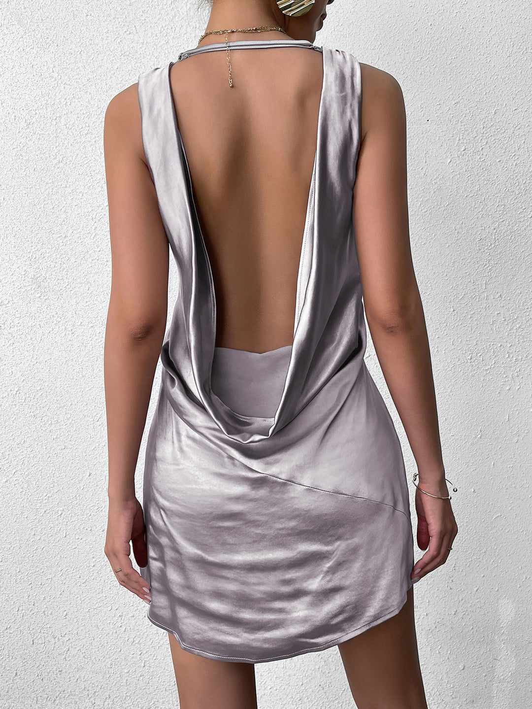 Draped Backless V-Neck Satin Mini Dress, Grey / Xs Draped Backless V-Neck Satin Mini Dress, Grey / Xs