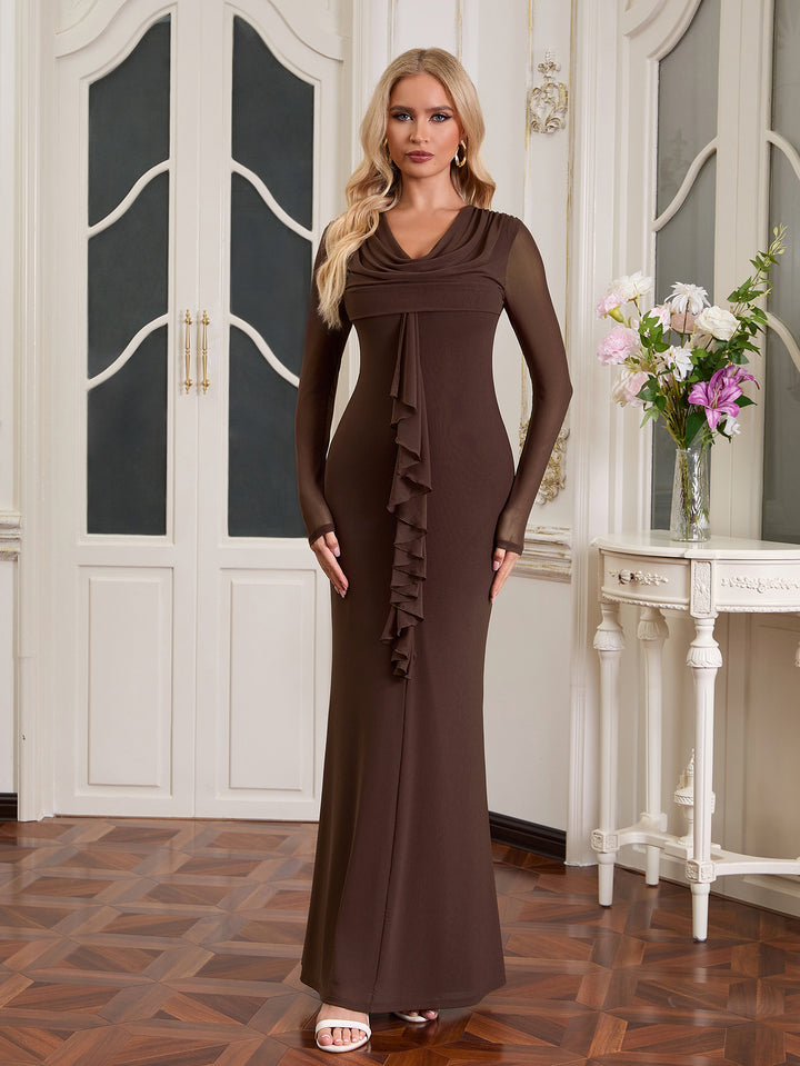Bodycon Draped Collar Ribbon Trim Mesh Dress#color_brown