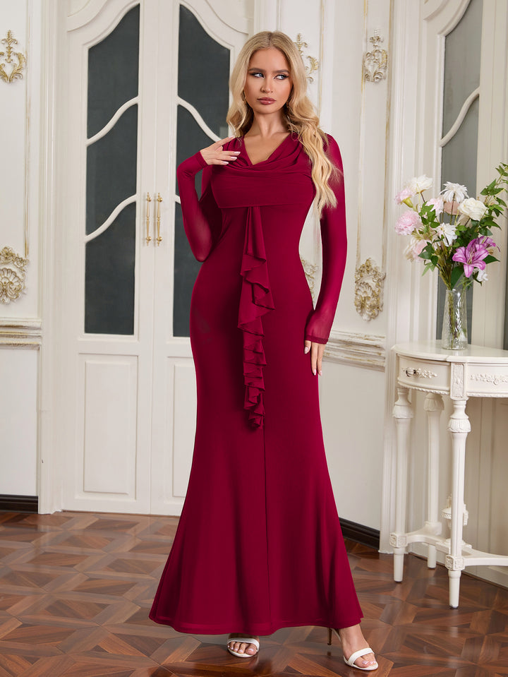 Bodycon Draped Collar Ribbon Trim Mesh Dress#color_wine