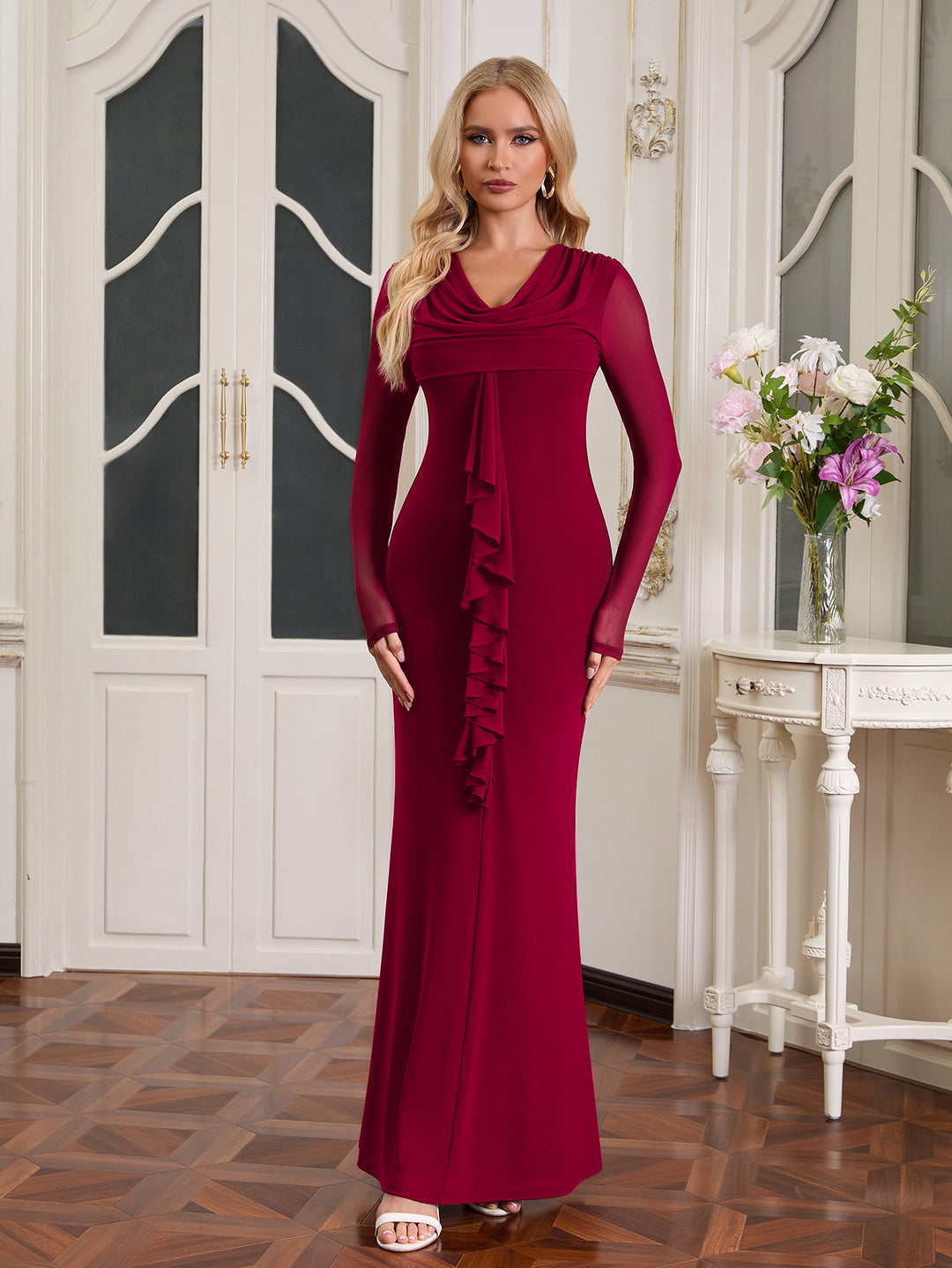 Bodycon Ribbon Trim Draped Collar Mesh Dress#color_wine