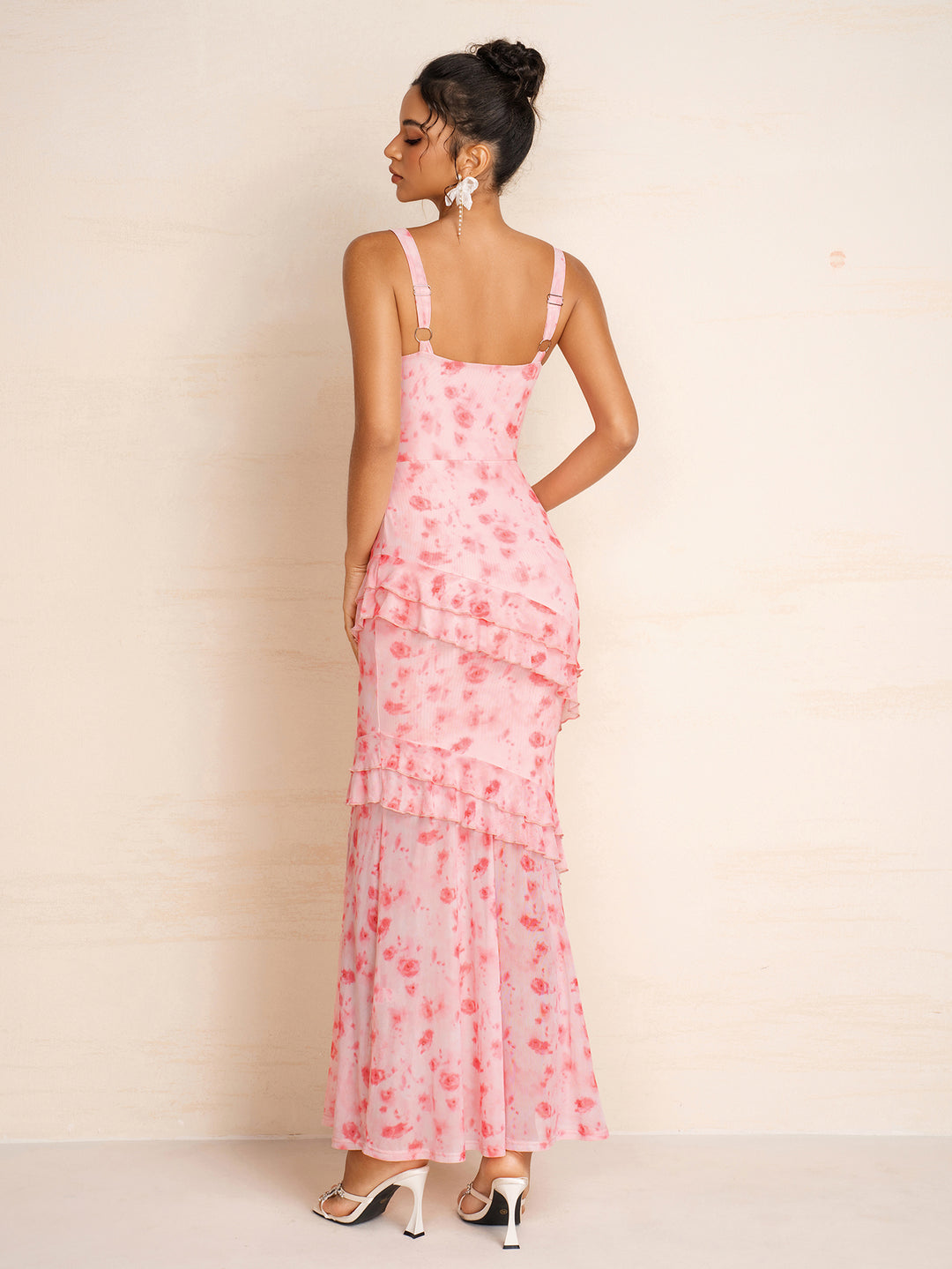 Draped Collar Floral Print Ruffle Trim Mesh Dress
