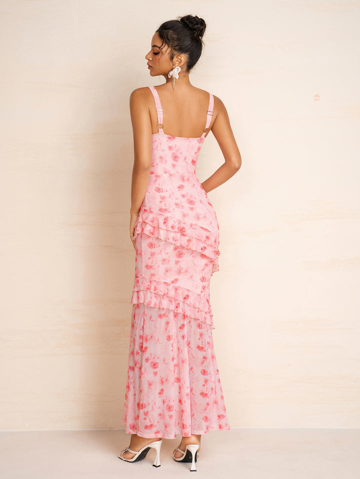 Draped Collar Floral Print Ruffle Trim Mesh Dress