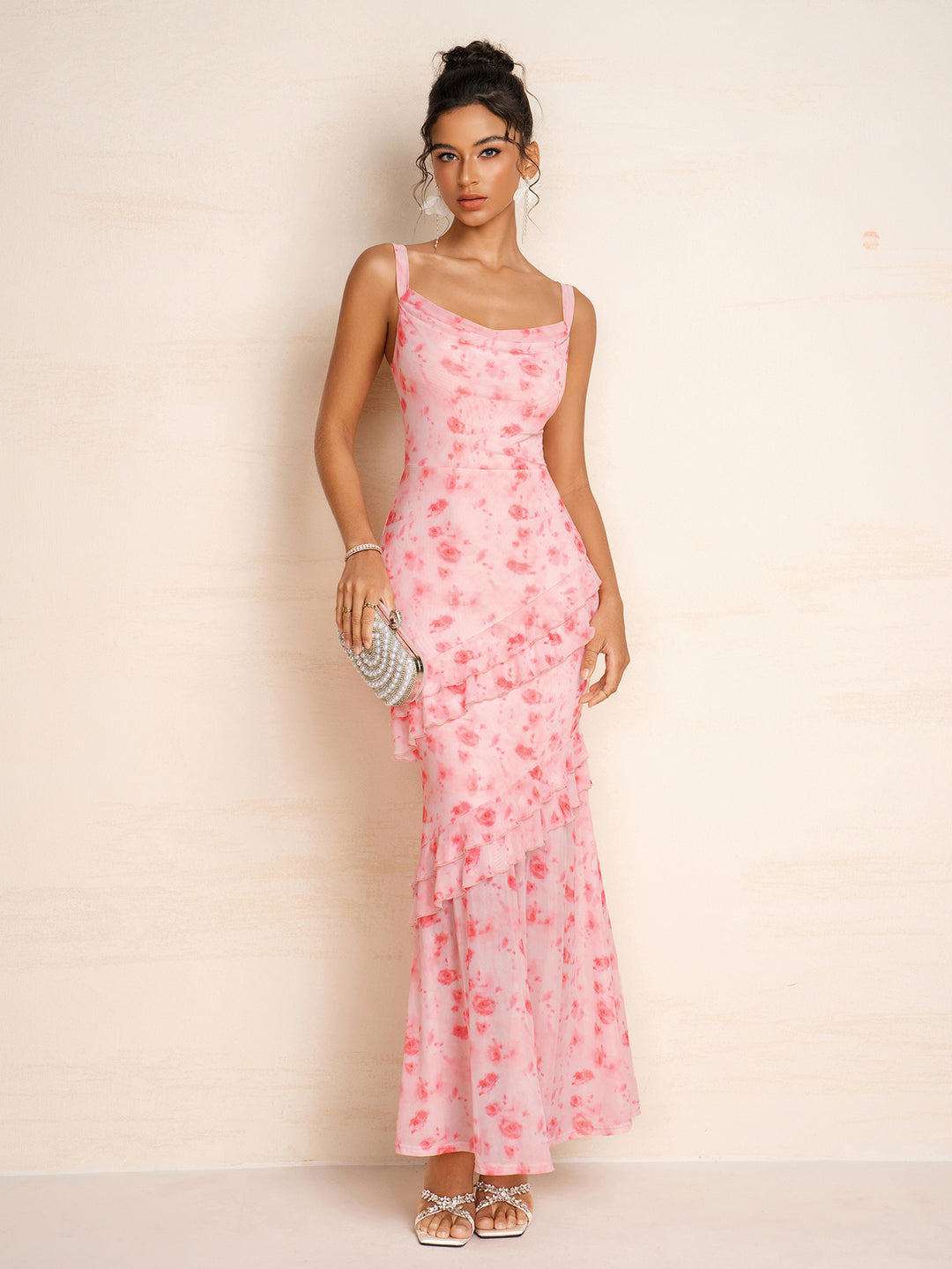 Floral Print Draped Collar Ruffle Trim Mesh Dress