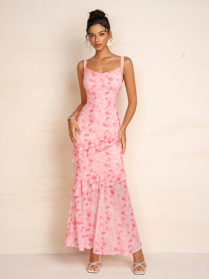 Draped Collar Ruffle Trim Floral Print Mesh Dress