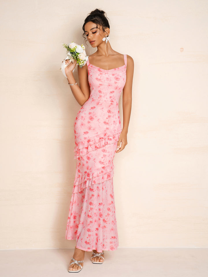 Ruffle Trim Floral Print Draped Collar Mesh Dress