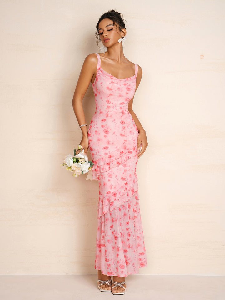Ruffle Trim Draped Collar Floral Print Mesh Dress