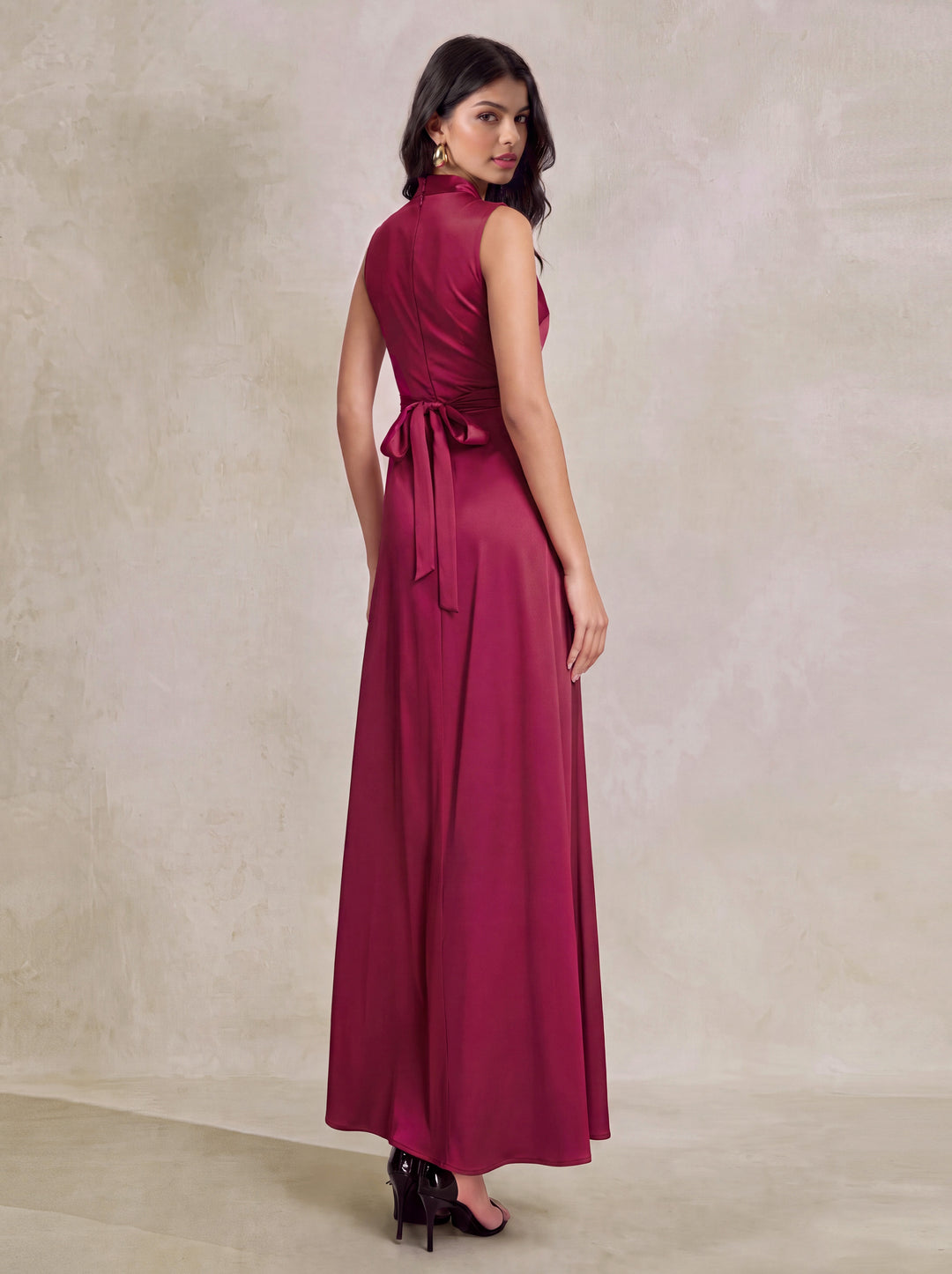 Draped Cowl Neck Tie Back Satin Maxi Dress