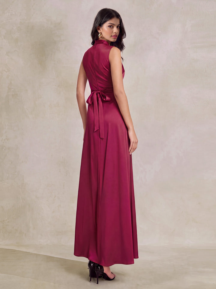 Draped Cowl Neck Tie Back Satin Maxi Dress