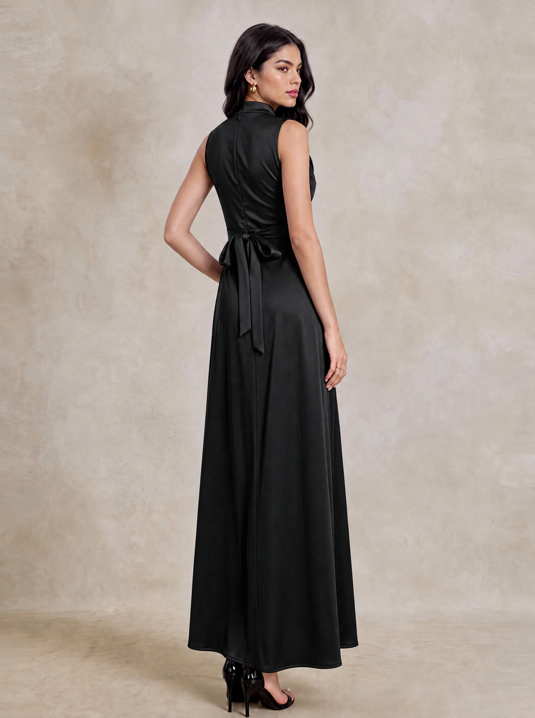 Draped Cowl Neck Tie Back Satin Maxi Dress