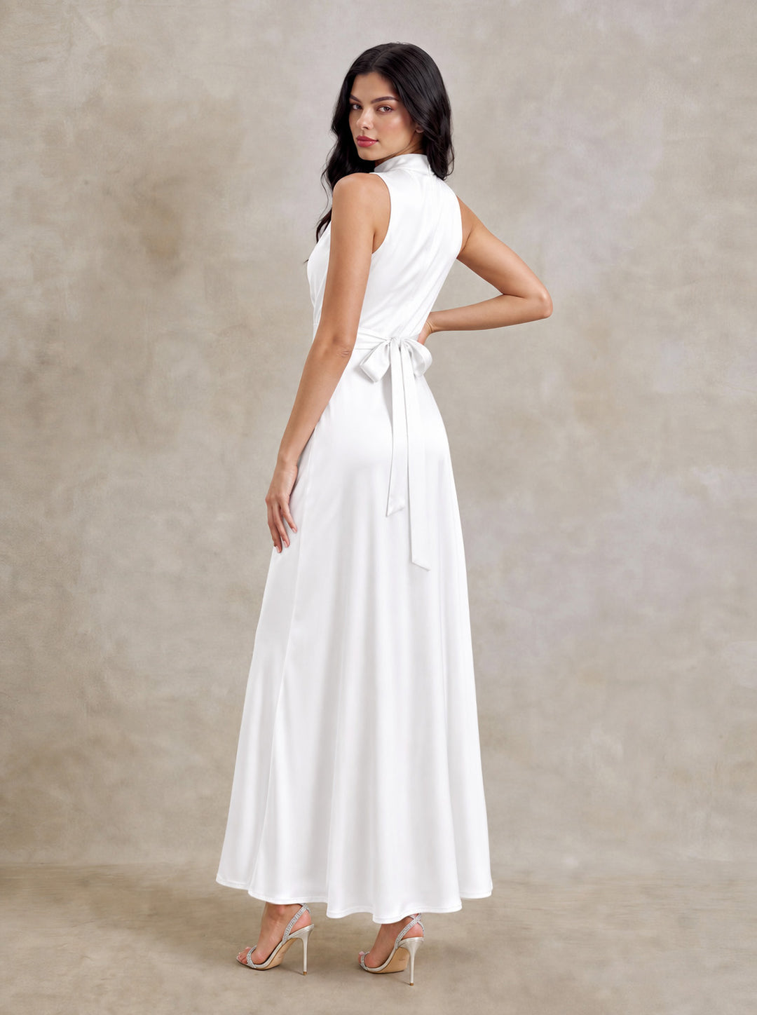 Draped Cowl Neck Tie Back Satin Maxi Dress