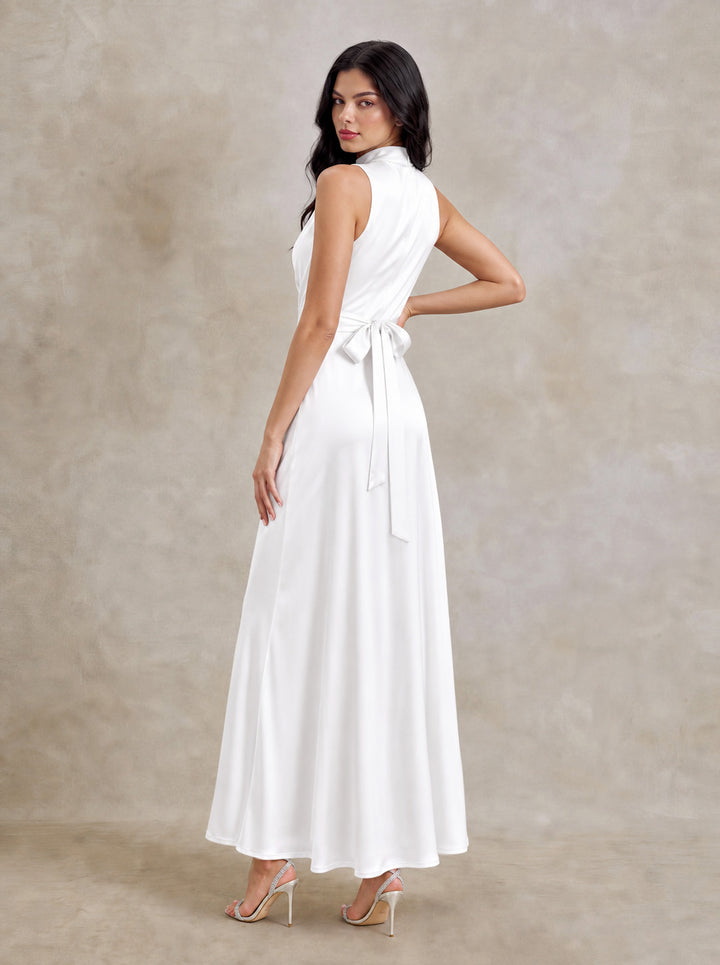 Draped Cowl Neck Tie Back Satin Maxi Dress