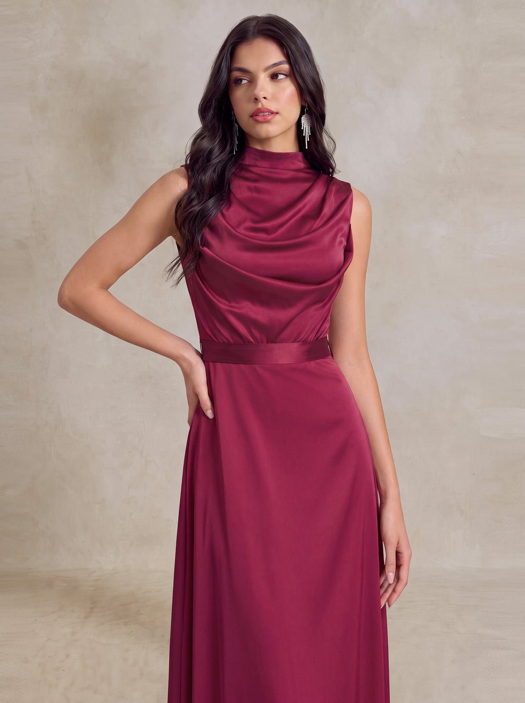 Satin Tie Back Draped Cowl Neck Maxi Dress